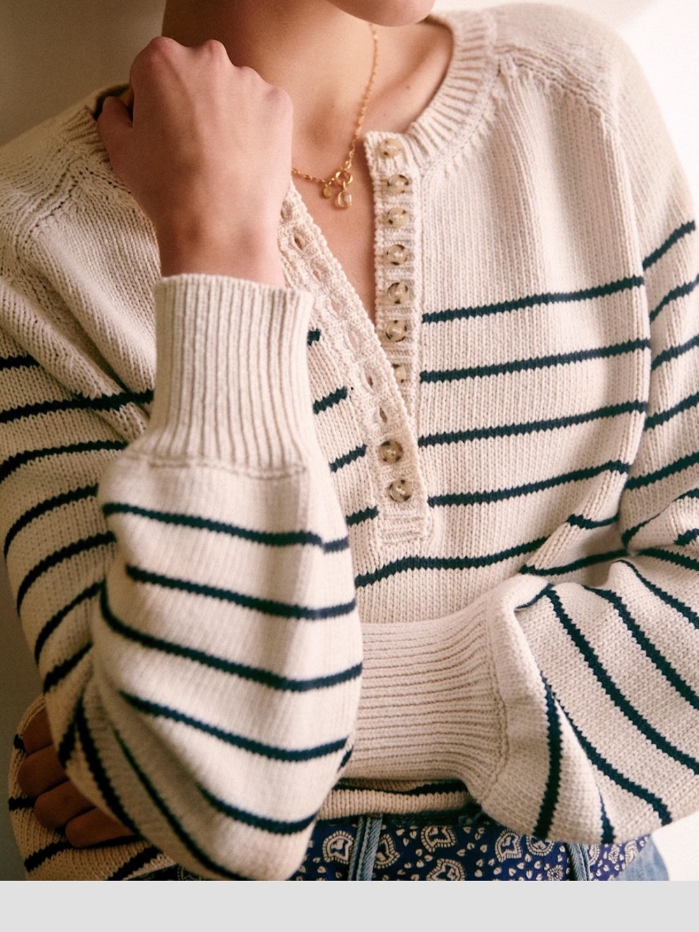 Sezane Cream Knit Henley Sweater with multi colour stripes